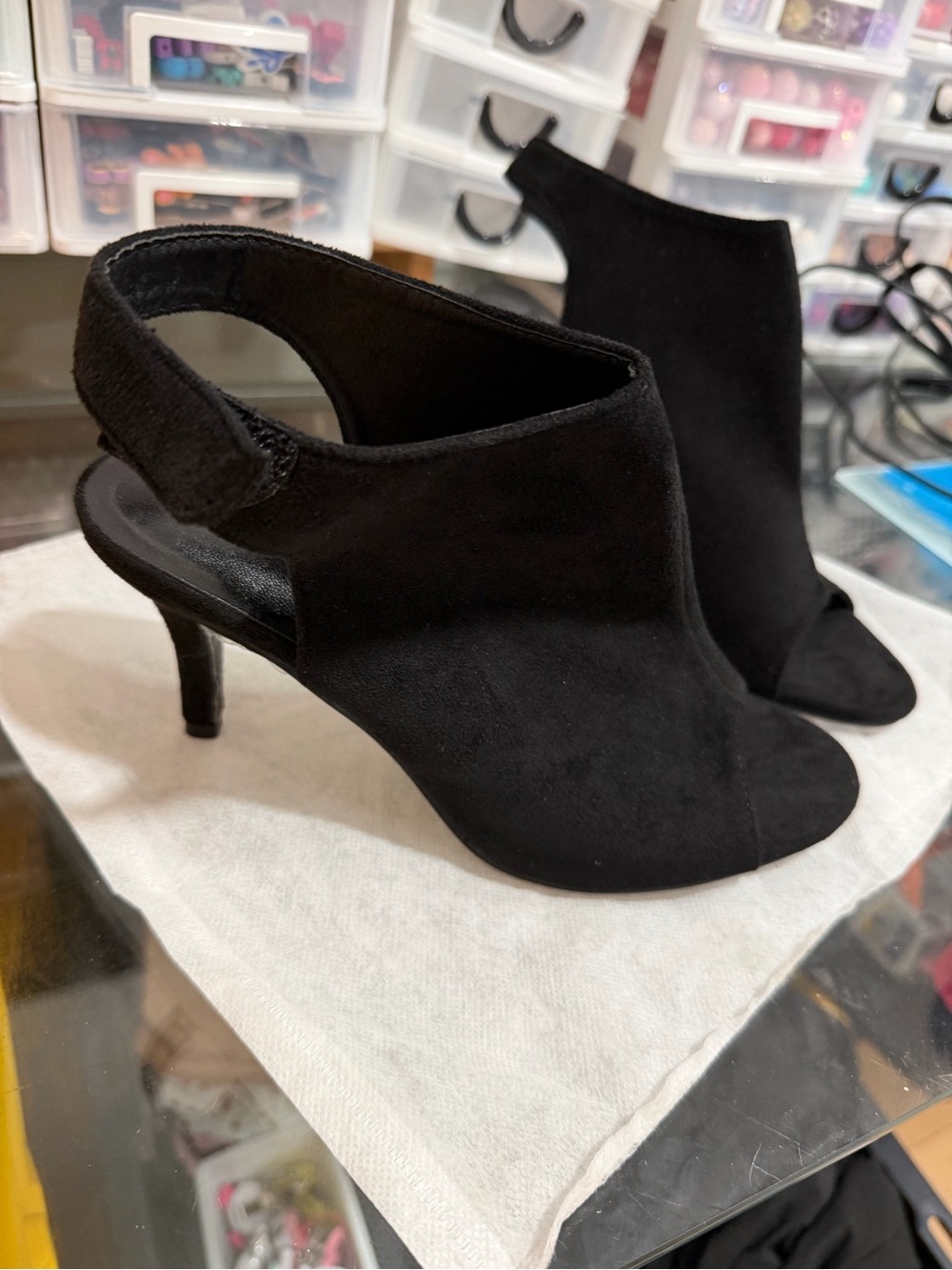 SHEIN Black Suede Peep-Toe Slingback Kitten Heels